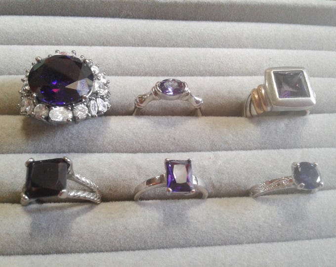Selection of Silvertone with Purple Crystal and Cubic Zirconia Solitaire Statement Rings, Your Choice
