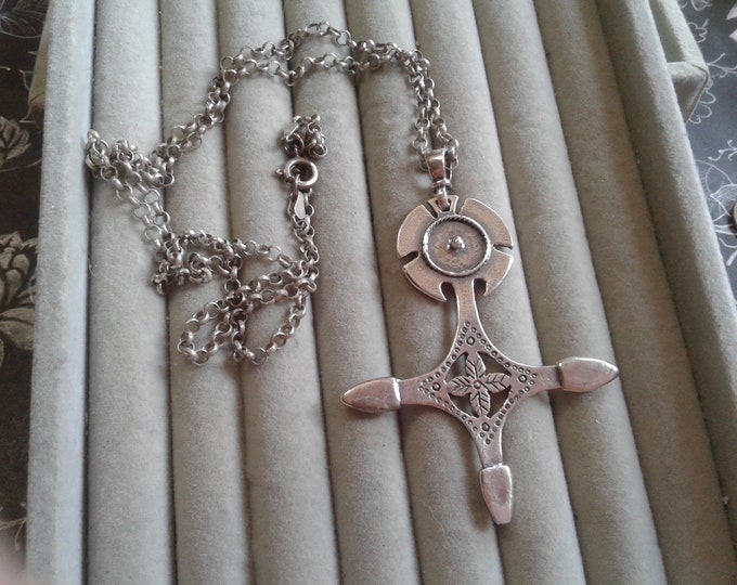 Large Sterling Silver Cross with Halo or Sun on Top, 925, on Sterling Silver Cable Chain