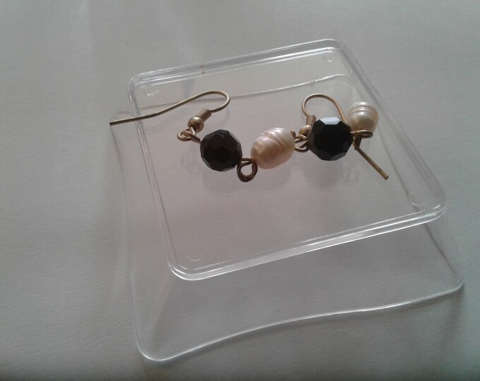 Freshwater Pearl and Faceted Black Glass Grunge Dangle Earrings