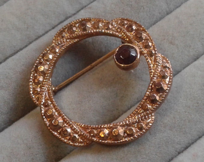 Small Golden Marcasite and Goldtone Circle Brooch with Black Accent