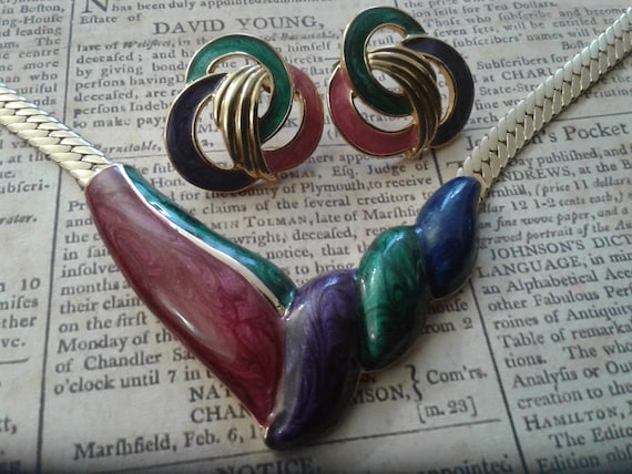 Solid Copper Multi Color Enameled Wing Shaped Geo… - image 1