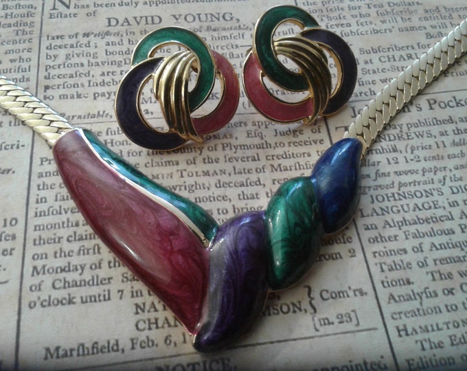 Solid Copper Multi Color Enameled Wing Shaped Geometric Bib Necklace and Circlar Swirl Post Back Earrings, Sold Separately