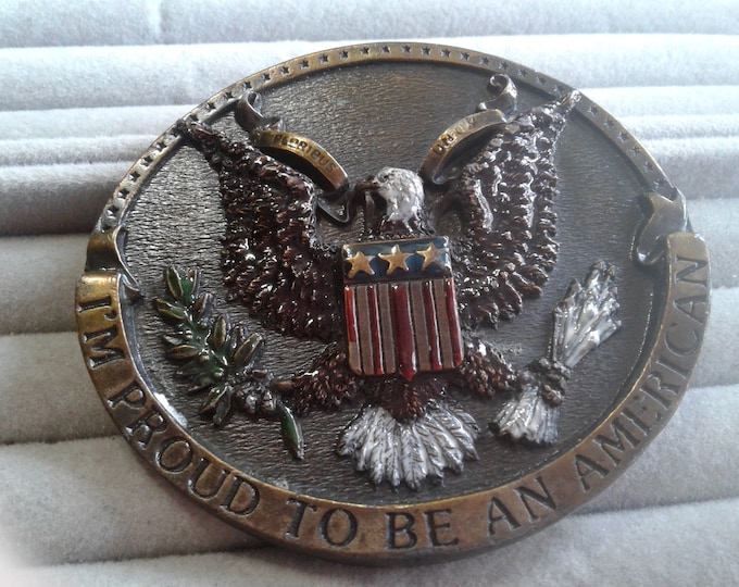 Bergamot Brass Works 1981 I'm Proud To Be An American Eagle Enameled Brass Bas Relief Belt Buckle, Signed and Dated H-132, Made in USA