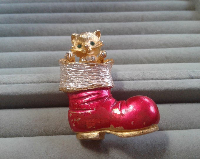Mylu Kitty Cat in Christmas Boot with Rhinestone Eyes and Collar Pin, Signed