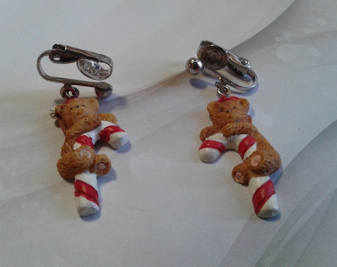 Cast Resin Dangling Santa Bear with Candy Cane Dangling Clip On Earrings