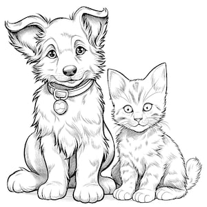 May include: A black and white line drawing of a puppy and a kitten sitting side by side. The puppy is wearing a collar with a heart-shaped tag. Both animals are looking at the viewer.