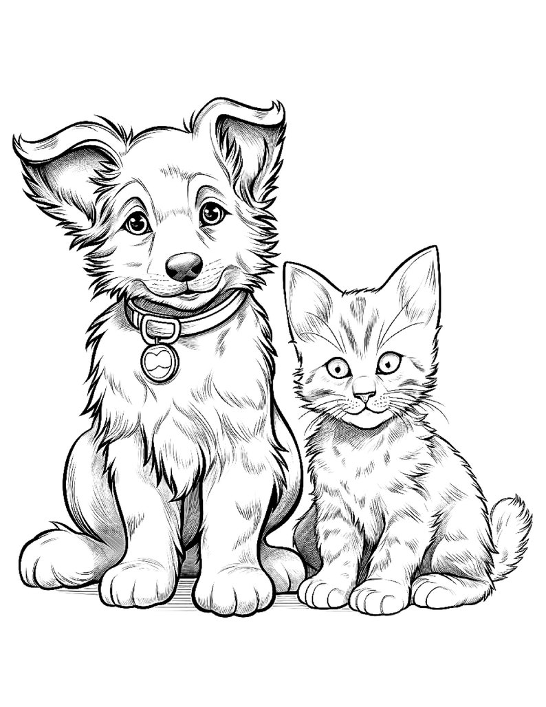 May include: A black and white line drawing of a puppy and a kitten sitting side by side. The puppy is wearing a collar with a heart-shaped tag. Both animals are looking at the viewer.