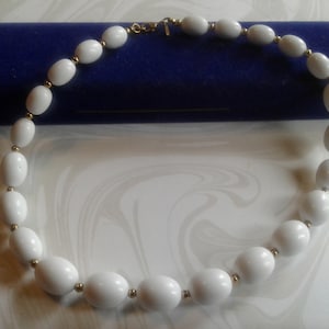 Monet White Plastic and Goldone Choker Length Beaded Strand, Signed Hangtag