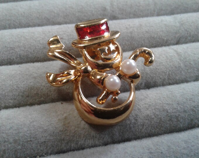 Avon 1991 "North Pole Residents" Snowman  OR Santa Goldtone Red Enamel  Faux Pearl Tack Pin