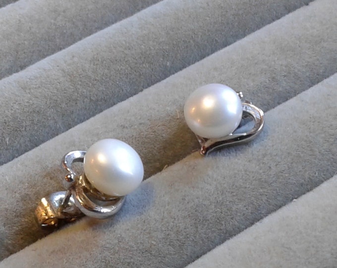 Freshwater Pearl and Silvertone Unmarked Plate Heart Earrings, Replacement Backs