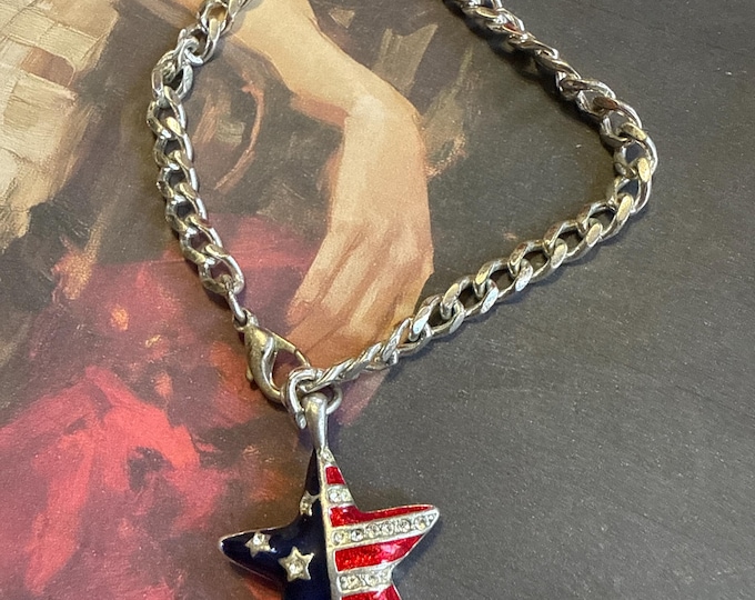 Tommy Hilfiger Silvertone Curb Chain Bracelet with Red and Blue Enamel and Rhinestone Patriotic Charm, H Mark