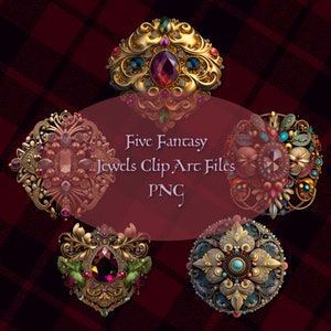 Puede incluir: Cinco archivos de arte de clip de joyas de fantasía PNG. Un conjunto de cinco imágenes de arte de clip adornadas con joyas en varios colores y diseños. Cada imagen presenta detalles intrincados y una variedad de piedras preciosas.