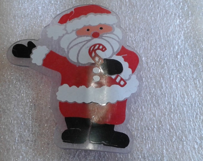 Santa with Candy Cane Printed on Clear Plastic Novelty Pin, Hong Kong Paper Label