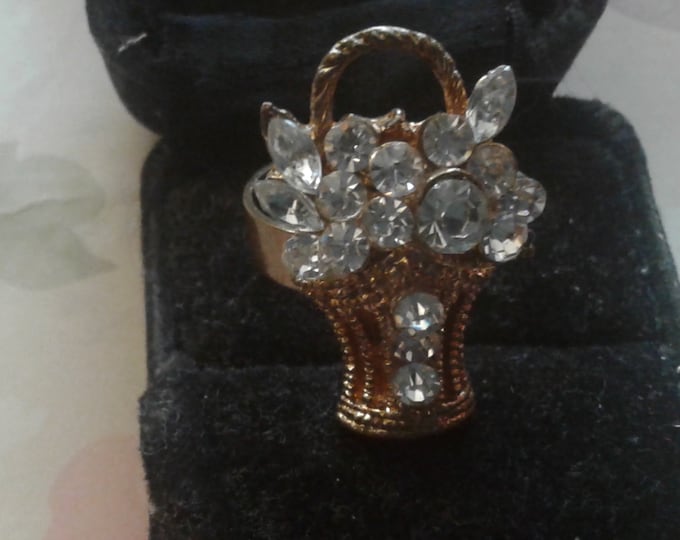 Vintage Basket Motif Adjustable Ring Filled with Bouquet of Rhinestones, Currently Size 8