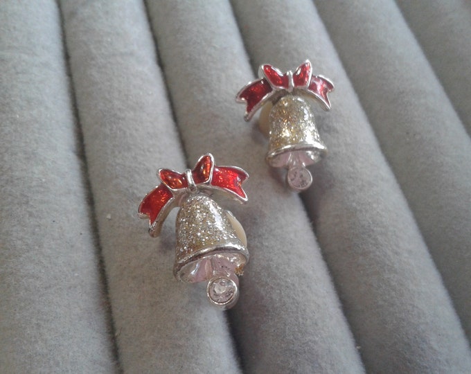 Avon 2002 "Jingle Bell" Small Silver Glitter, Red and Silvertone Unsigned Clip On Christmas Bell Earrings or Signed Goldtone Dangles