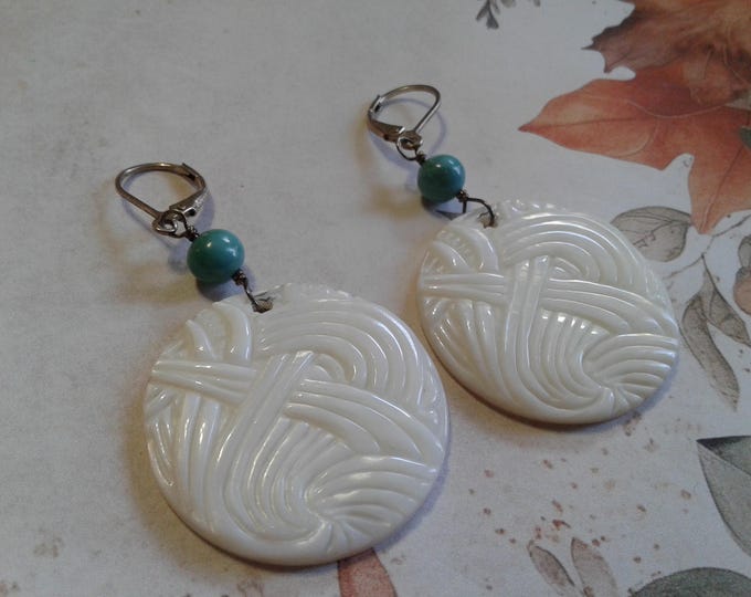 Sterling Silver, Carved Mother of Pearl, and Turquoise Drop Earrings, Marked S925 Thai