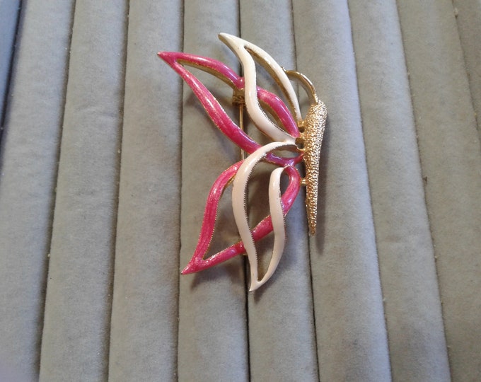Cream, Dark Pink, and Goldtone Enamel Tracery Butterfly Brooch