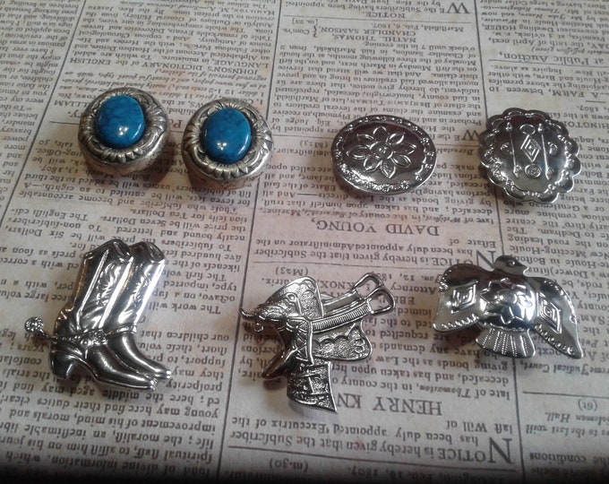 Small Lot of Southwestern Button Covers, Thunderbird, Saddle, Boot, Faux Turquoise, Etc., Silvertone, Two Marked Nony New York