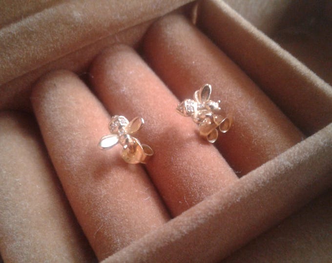 925 Sterling Silver and Vermeil and Cubic Zirconia Tiny Bee Stud Earrings