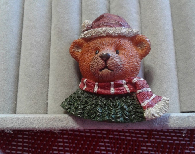 Cast Resin Teddy Bear in Green Sweater with Red and White Hat and Scarf Pin