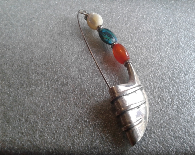 Artist Made Unmarked Silver Brutalist "Safety Pin" Brooch with Chunky Multi Colored Beads
