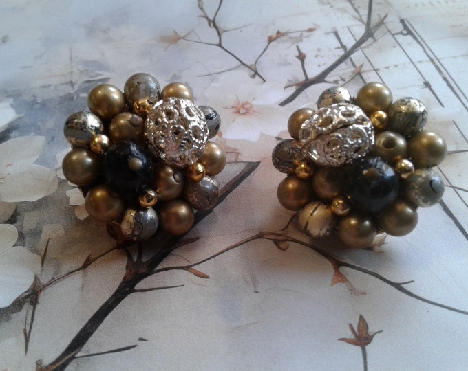 Metallic Neutrals Beaded Cluster Clip On Earrings in Black, Silver, Pewter and Bronzetone Colors, Marked Japan