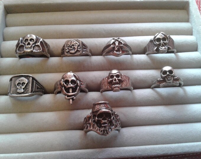 Vintage Costume Skull Rings in Antiqued Silvertone, Adjustable, Sold Separately, Currently  About 8.5