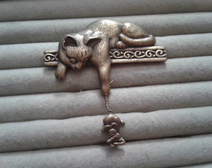 JJ Bronzetone Cat on Shelf with Dangling Mouse Brooch Pin, Signed