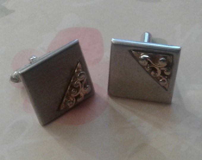 Swank Duotone Cufflinks with Raised Corner Design, Marked FO Swank
