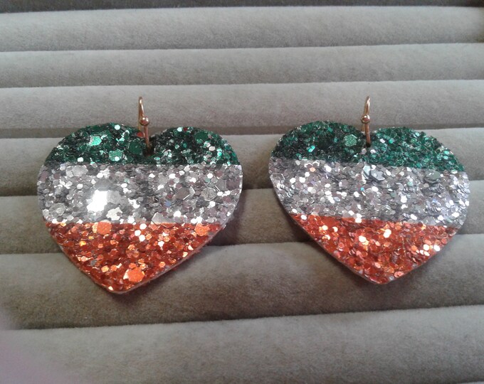 Vintage Handmade Irish Tricolor Glittery Heart Shaped Earrings