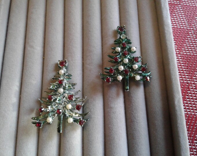 Mylu Christmas Tree Pin Pair, Transparent Green Enamel, Red Rhinestone and Faux Pearl, Signed