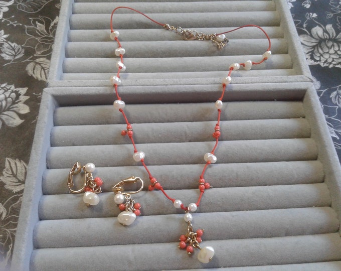 Avon Faux Pearl and Faux Coral Choker Y Necklace and Clip Earrings Set