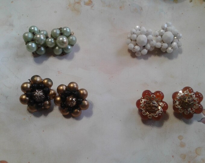 Beaded Floral Cluster Clip On Earrings, Vintage Midcentury, 1950s and 60s, Your Choice