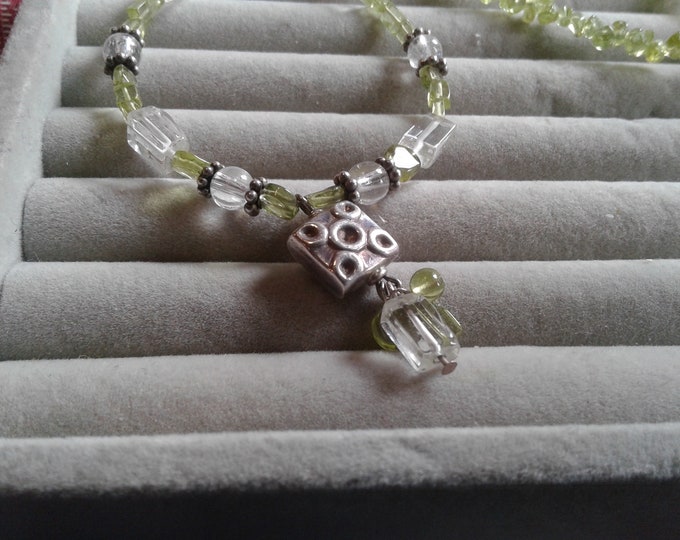 Sterling Silver, Peridot Chip, and Crystal Vintage Handmade "Y" Necklace with a Toggle Clasp, 925