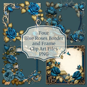 Vier Blue Rose randen en frames--PNG-bestanden--Instant Download--Commercieel gebruik