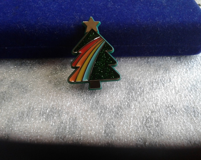 Hallmark 1985 Rainbow and Green Glitter Plastic Christmas Tree Pin, Signed and Dated-Back in Stock!