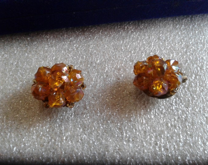 Iridescent Amber Plastic Beaded Floral Cluster Earrings, Marked Hong Kong