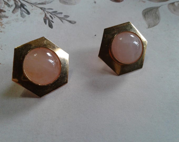 Rose Quartz and Likely Brass Hexagonal Post Back 1980s Earrings