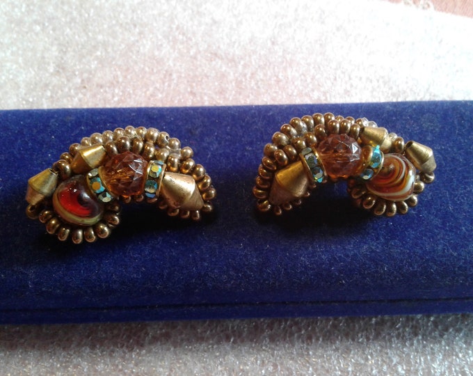Hobe Beaded Comma Shaped Clip On Earrngs, Signed