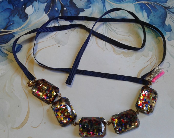 J Crew Navy Blue Ribbon Tie Necklace with Pink and Silver Tassels and Faceted Confetti Lucite, Signed