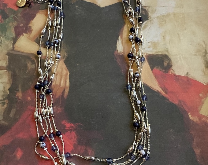Liz Claiborne Y2K Silvertone multi chain choker with deep blue beads necklace