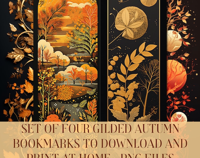 Four Gilded Autumn Bookmarks--Instant Download--Print At Home-Use "As Is" or for Crafting