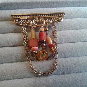 Architectural Style Goldtone Bar Brooch with Chain and Art Glass Bead Dangles image 2