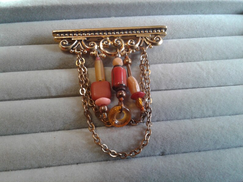 Architectural Style Goldtone Bar Brooch with Chain and Art Glass Bead Dangles image 2