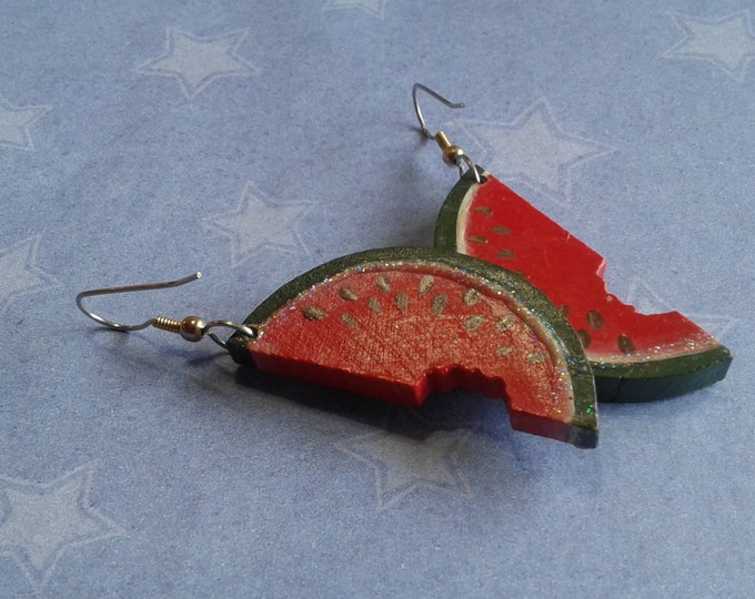 Handpainted and Glittered Wooden Slice of Watermelon with a Bite Dangle Earrings