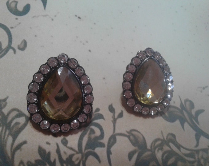 Joan Rivers Blackened Metal, Olive Green Acrylic Gem, and Clear Rhinestone Teardrop Postback Earrings, Signed