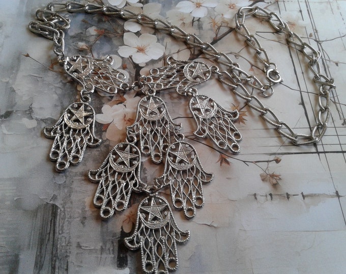 Oversized Silvertone Hamsa with Moon and Stars Pendant Necklace