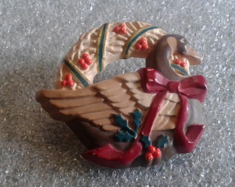Hallmark 1987 Christmas Goose with Wreath and Bow Novelty Pin, Signed and Dated