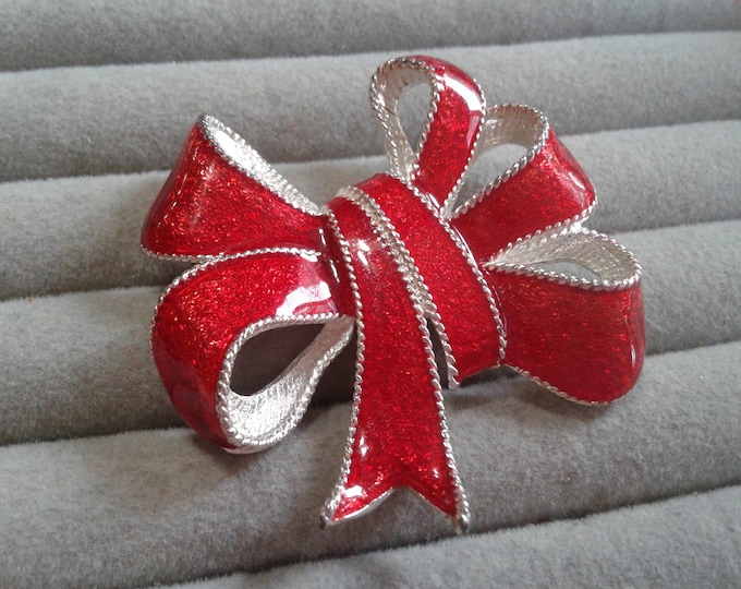 TC Tanya Creations Red Glitter Enamel Christmas Bow, Signed