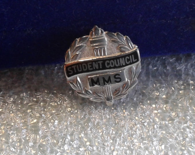 Sterling Silver MMS Student Council Badge with Black Enamel Detail, Marked Sterling